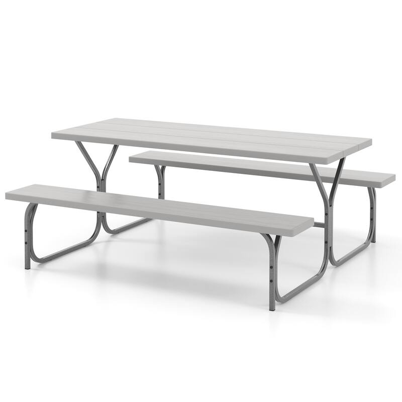 72 Inch 8-Person Outdoor Picnic Table and Bench Set with HDPE Wood-Texture Top and with Built-in Umbrella Hole