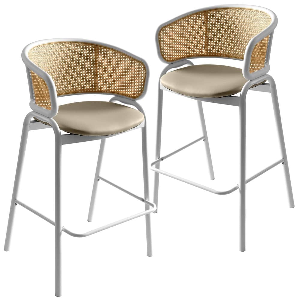 LeisureMod Ervilla Set of 2 Modern Wicker Leather Bar Stool with Curved Back & White Steel Frame for Home Office Dining Room