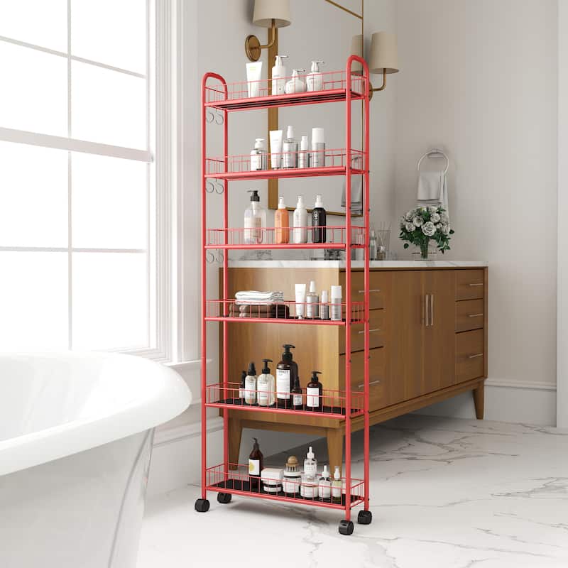 Red 6-Tier Rolling Cart Gap Kitchen Slim Slide Out Storage Tower Rack with Wheels, 6 Baskets, Laundry Utility cart - Red