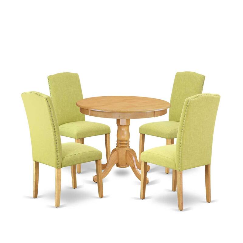 Modern Round Dining Set 5Pc - 36" Table & 4 Chairs - Oak Legs, Linen Fabric - HomeStock