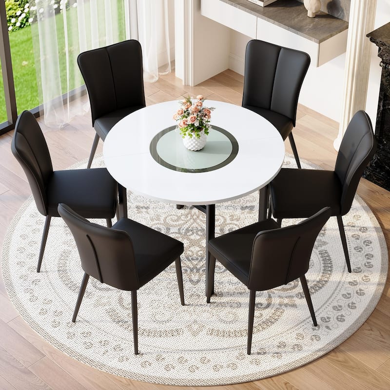 42 Inch Round Dining Table Set for 6, 7-Piece Kitchen Dining Table Set with Lower Storage Shelf, 6 Faux Leather Chairs