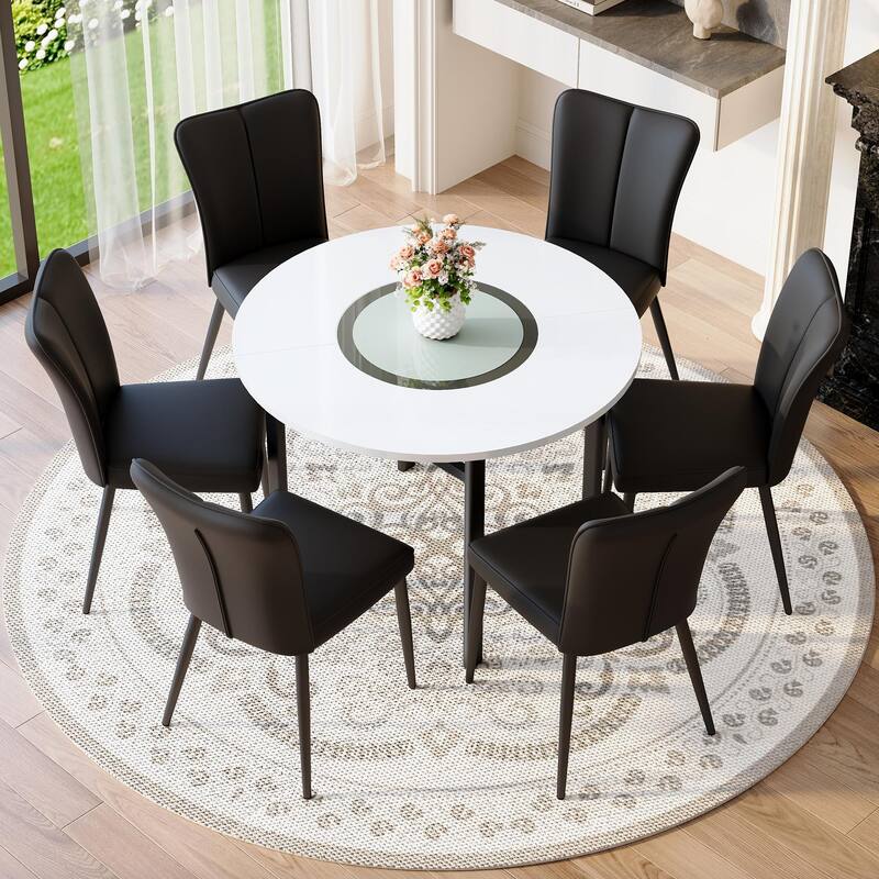 7 Piece Dining Table Set with 42 Inch Round Top Glass Insert and 6 PU Chairs Striped Backrest