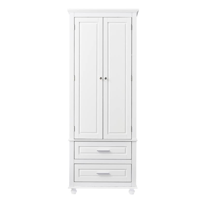 Roomfitters 64" Tall Bathroom Storage Cabinet, Modern MDF Linen Tower with 2 Large Drawers & Adjustable Shelves, White