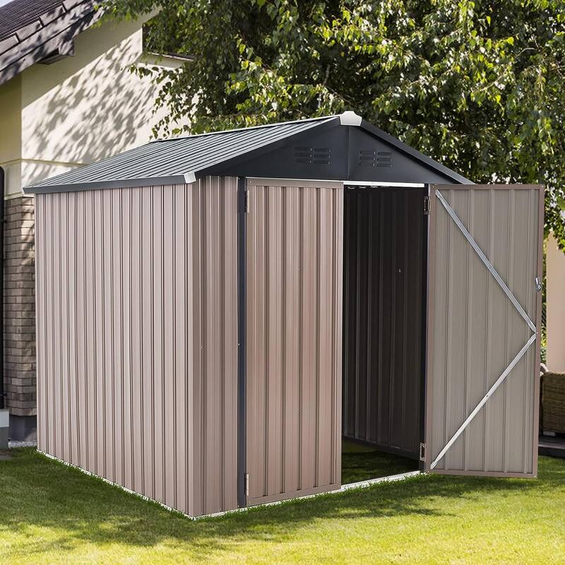 AECOJOY Outdoor Metal Storage Shed with Lockable Door - 6' x 6' - Grey