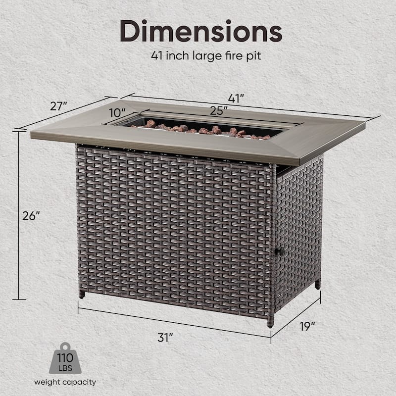 Outdoor Propane Fire Pit Table - 55000 BTU, Adjustable Flames - Rectangle