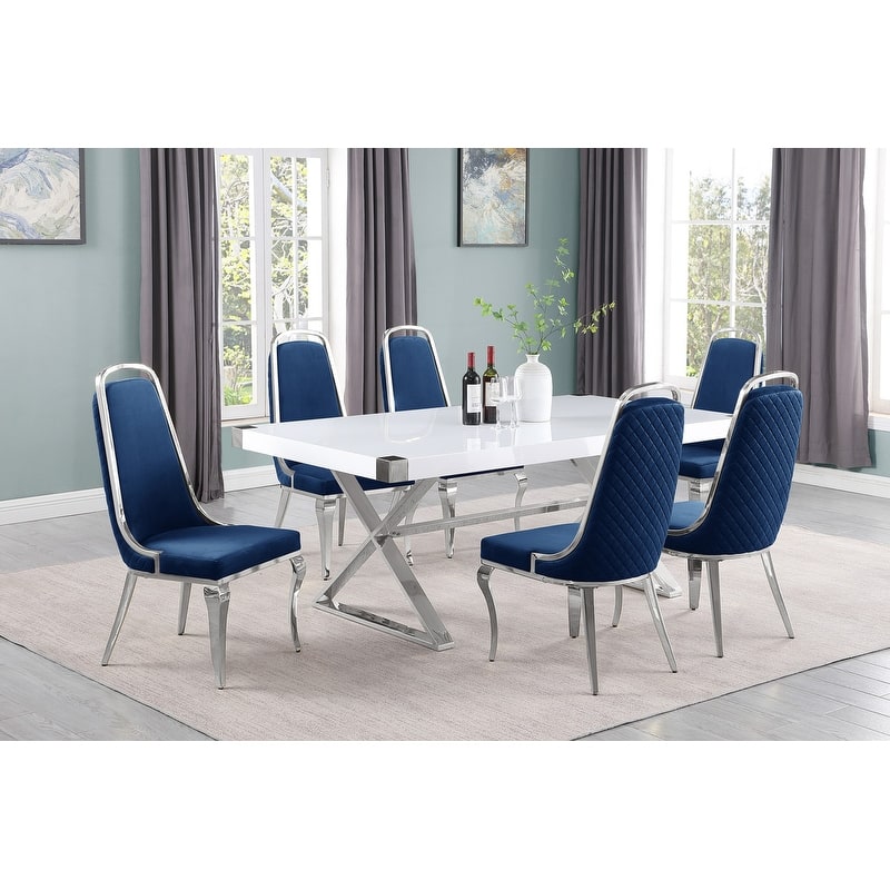 Best Quality Furniture D440/1-SC310-7 Dining Set with 78" White Lacquer Wood Top - 7-Piece - Navy Blue / Silver