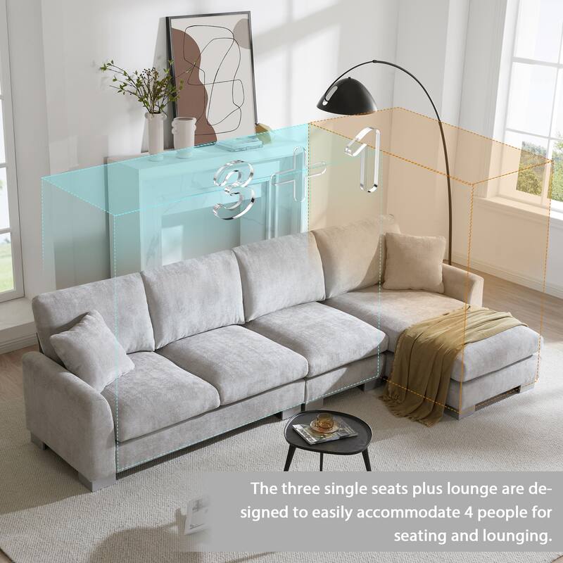 Grey 119" Oversized L-Shaped 5-Seater Sectional with Chaise and 2 Pillows for Living Room, Apartment, or Office