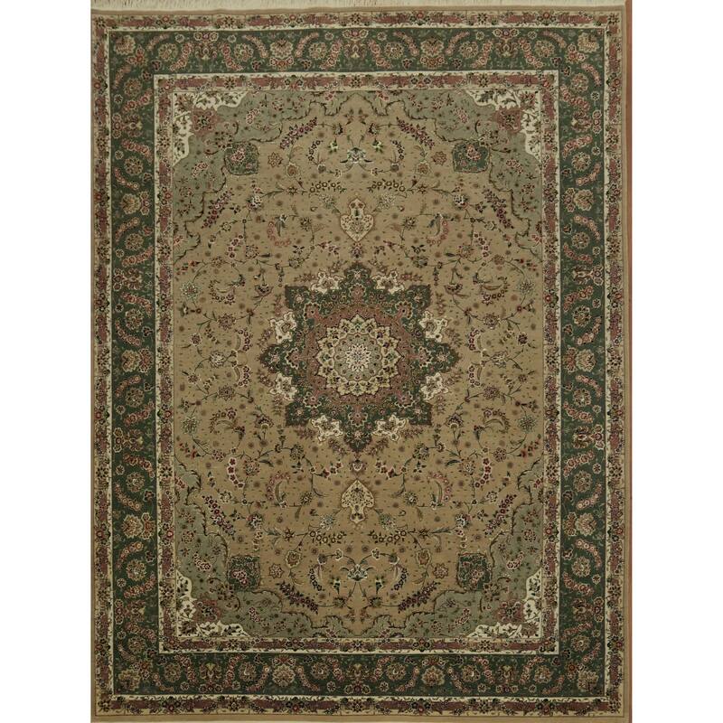 Hand Knotted Oriental Wool & Silk Carpet Traditional Floral Green Aubusson Area Rug - 12' 0'' X 9' 0''