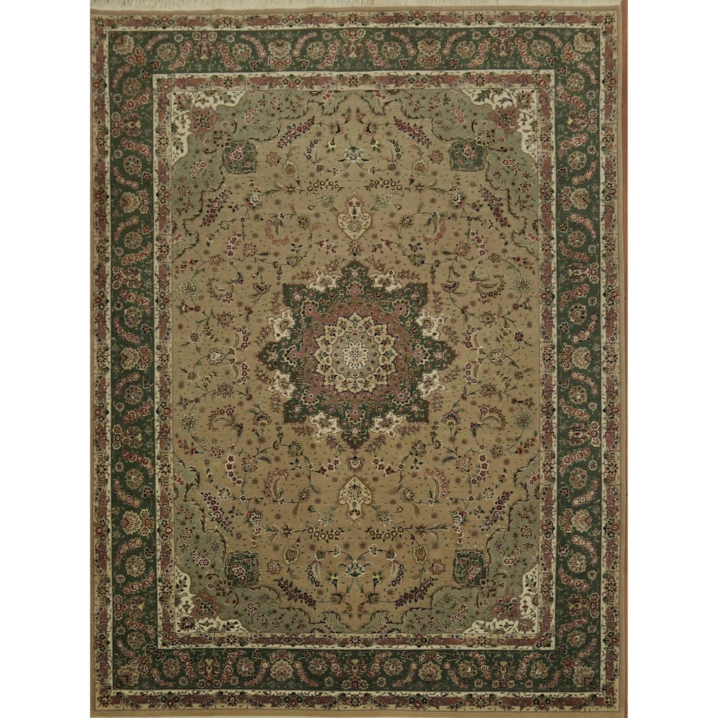 Hand Knotted Oriental Wool & Silk Carpet Traditional Floral Green Aubusson Area Rug - 12' 0'' X 9' 0''