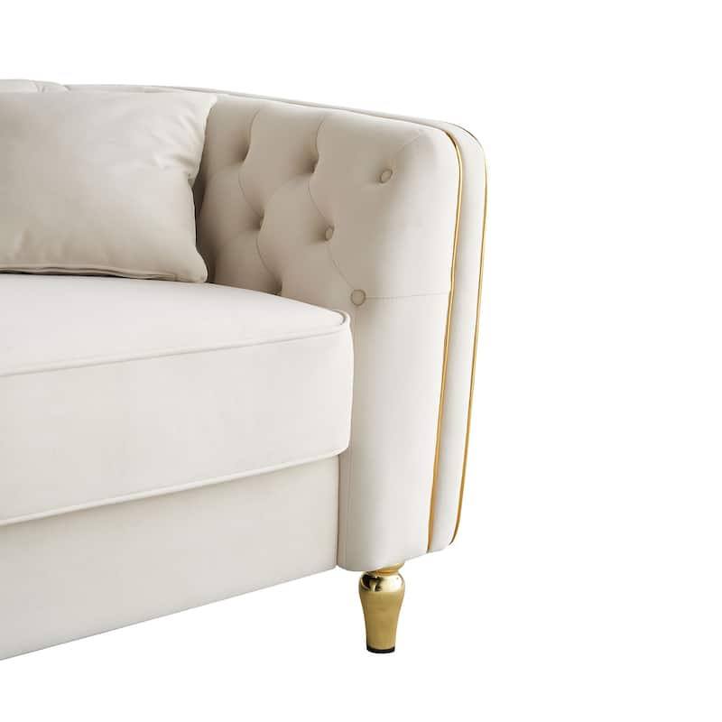 Modern Chesterfield Velvet Upholstered Sofa with Button Tufted Backrest, Golden Decorative Strip and Metal Legs