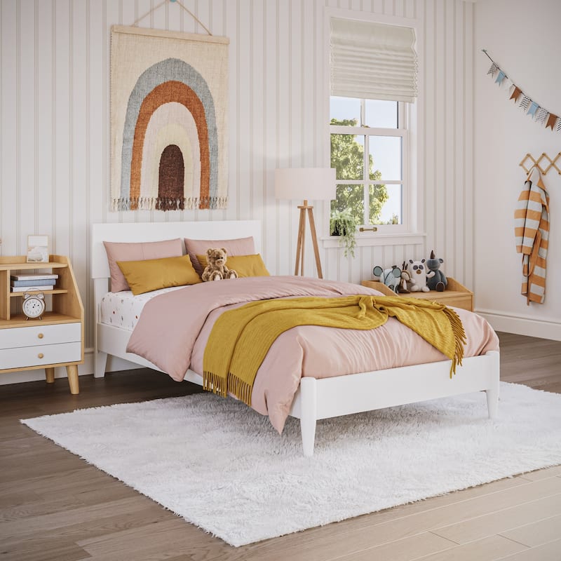 Modern Low Profile Wood Platform Bed - Twin Size Bed Frame, White Finish, Simple Design