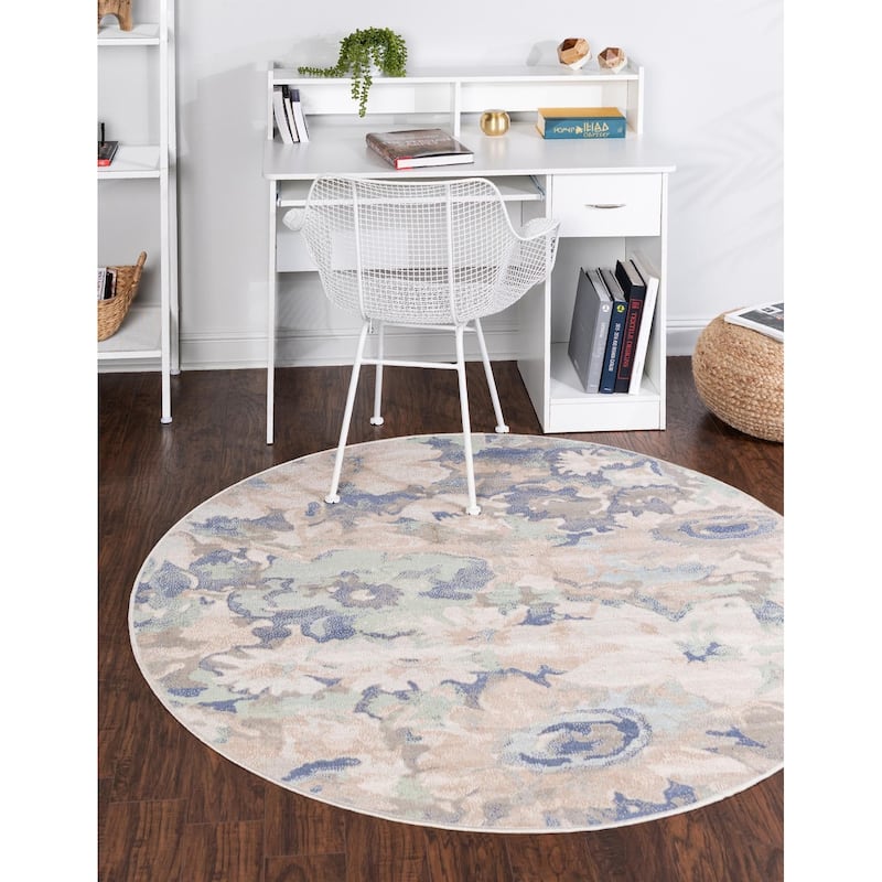Country & Floral Heloise Collection Area Rug - 3'3" Round - Blue-Beige
