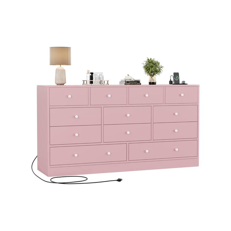 12 Drawer Dresser for Bedroom with Power Outlet, 61 Inch Wooden Storage Cabinet