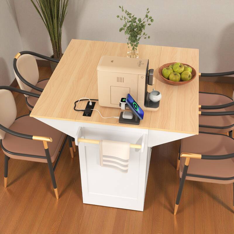 55.7" Large Kitchen Island with Dual Drop Leaf, Power Outlet, Rolling Kitchen Cart with Drawers & Storage Cabinet