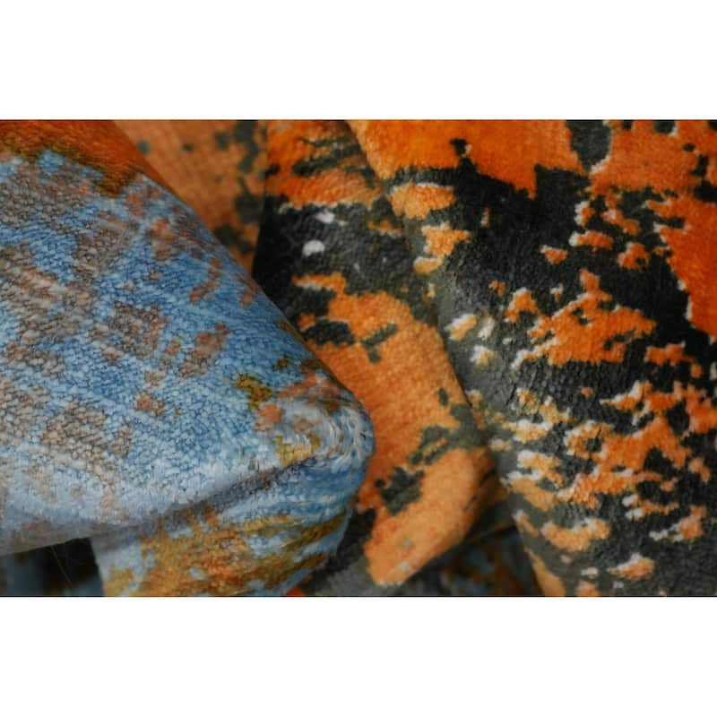 Hand Knotted Oriental Viscose Silk Carpet Modern Pictorial Oranges & Rust Abstract Area Rug - 7' 8'' X 5' 5''