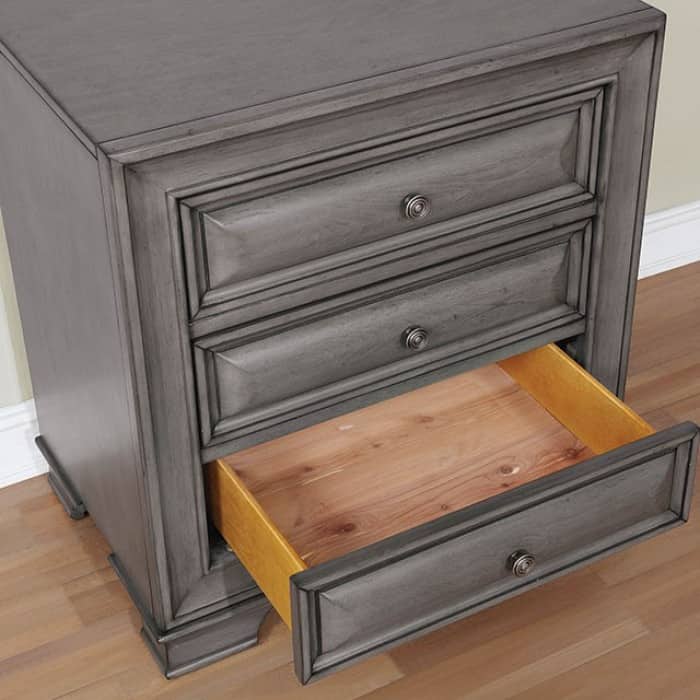 Solid wood 1pc Nightstand Nickel Round Knob Transitional Style 3-Drawers Nightstand w Under Nightlight - Grey