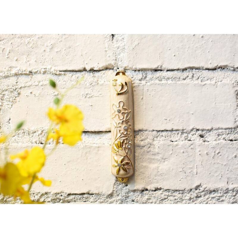 Hand Painted White Enamel Mezuzah Embellished with a Floral Design with Gold Accents and High Quality Crystals by Matashi