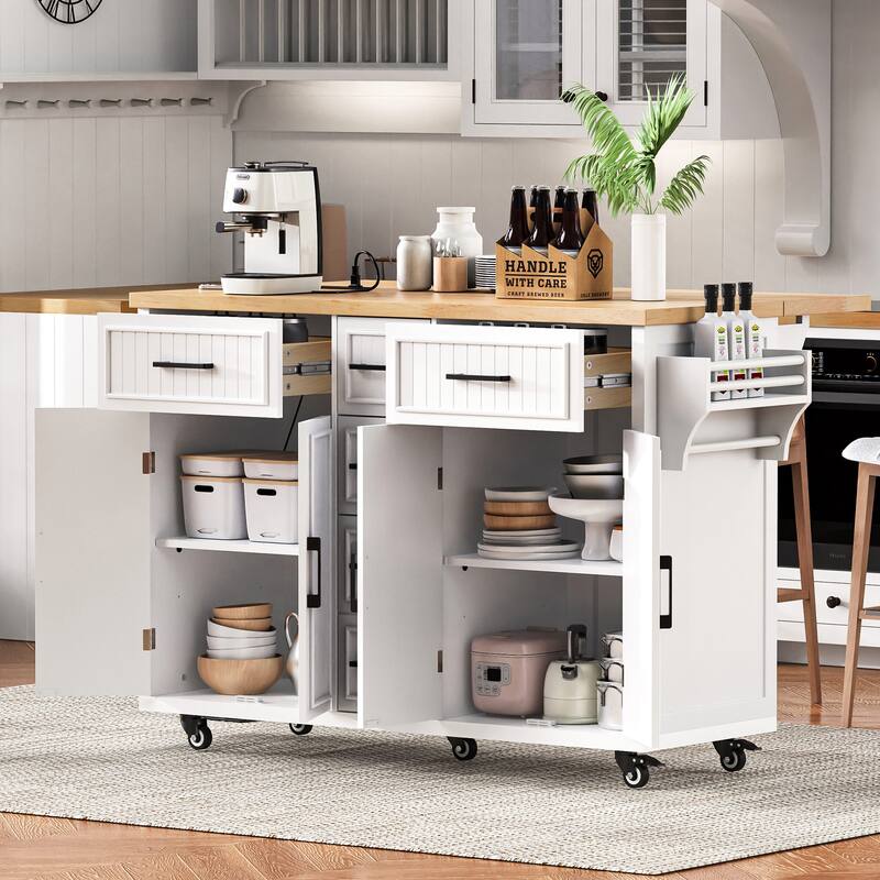 56.5'' Rubber Wood Kitchen Island with Drop Leaf, Power Outlet, Rolling Wheels, 5 Deep Drawers and Adjustable Shelves