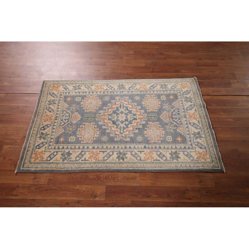 Geometric Kazak Accent Rug Hand-Knotted Grey Wool Carpet - 2'7" x 4'2"