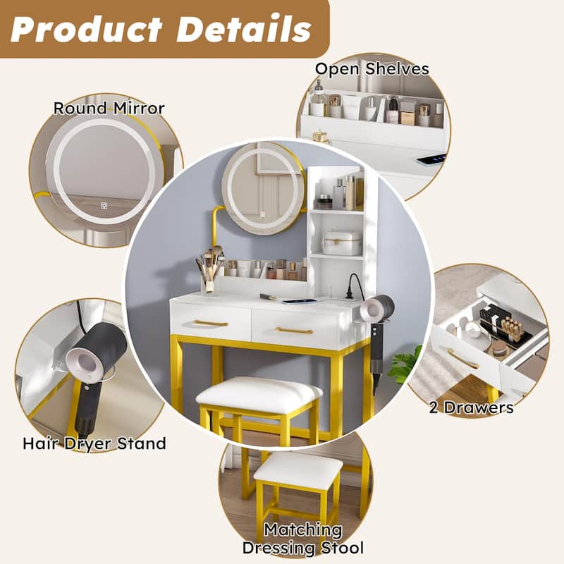 KISRAIS 31.4" Fashion Vanity Desk with Mirror and Lights, Cushioned Stool, Power Station, and Hair dryer bracket