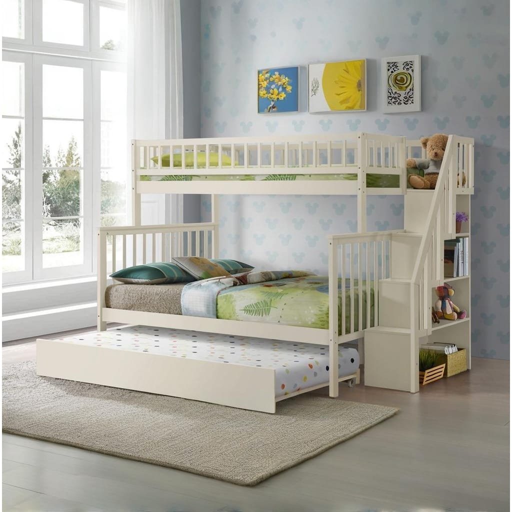 Cream Twin over Full Stairway Bunk Bed with Trundle and Storage