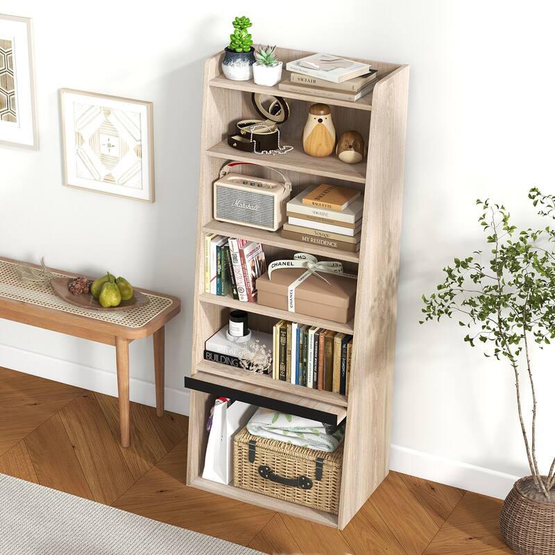 Gymax 6-tier Bookcase w/ 2 Adjustable Shelves Filp-up Door 5 Open