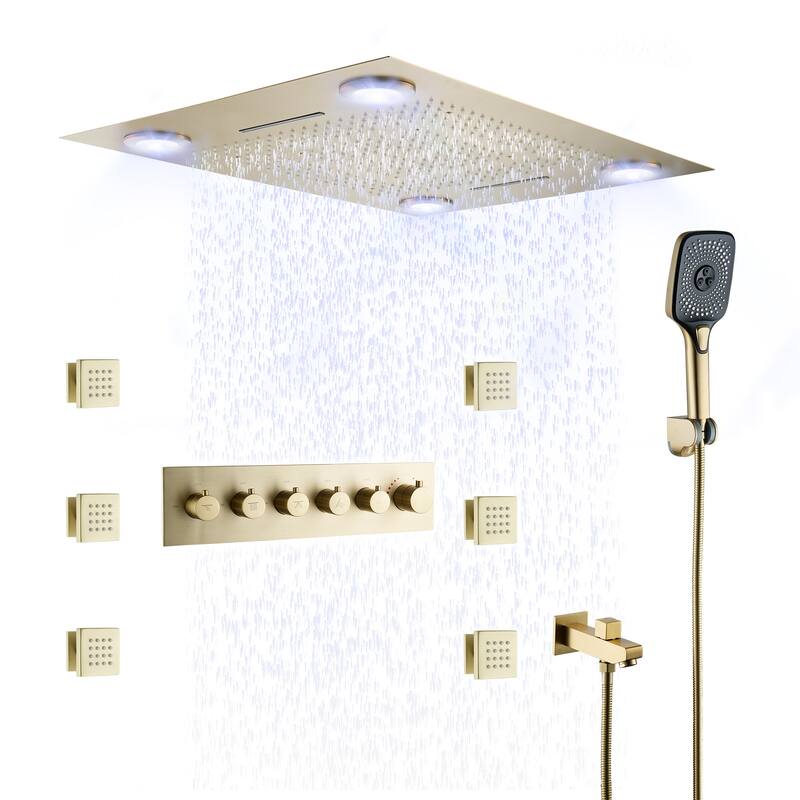 LED Shower System with 7-Spray Fixed & Handheld Dual Heads, 2.5 GPM, 6 Body Jets, 64-Color Lighting - Brushed Gold
