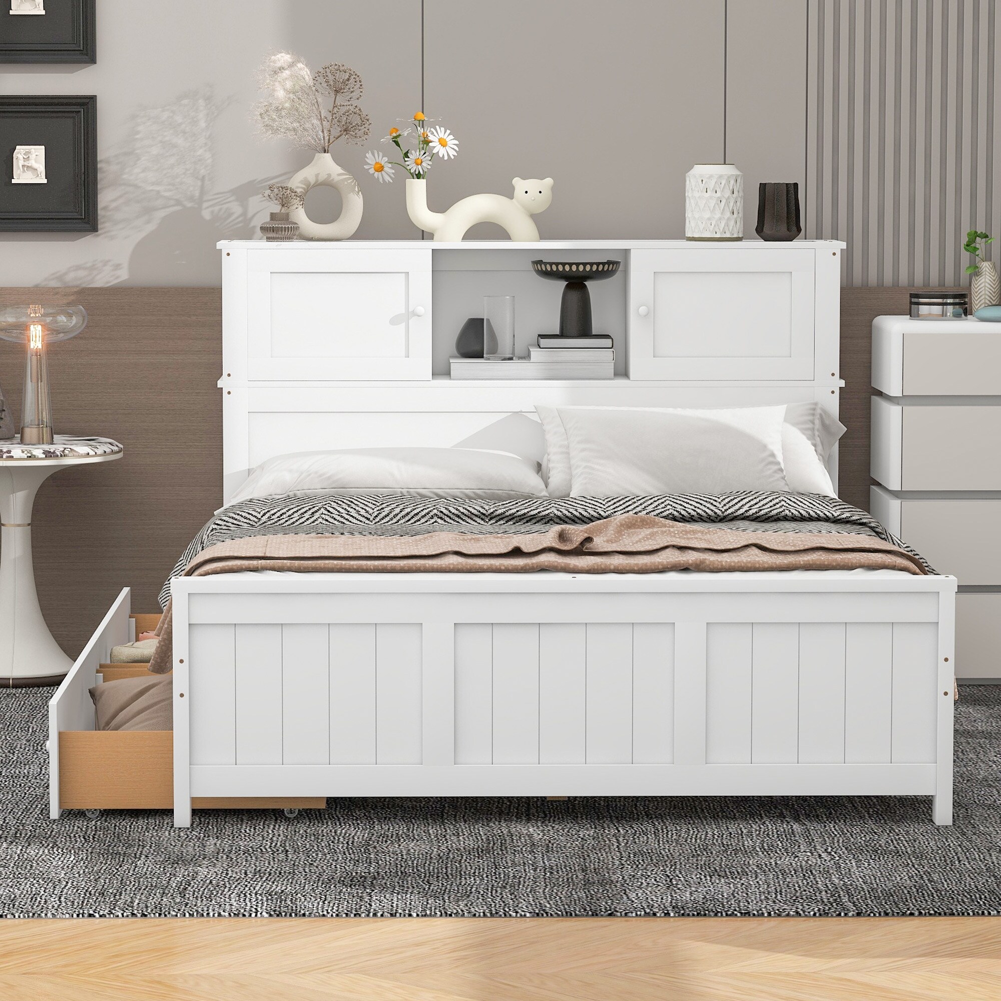 Full Platform Bed with 2-Drawers, Storage Headboard and Sliding Door, Grey
