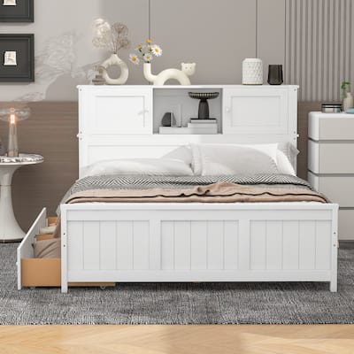 Full Size Wood Bed Platform Bed w/ Bookshelf Headboard & 2 Drawers