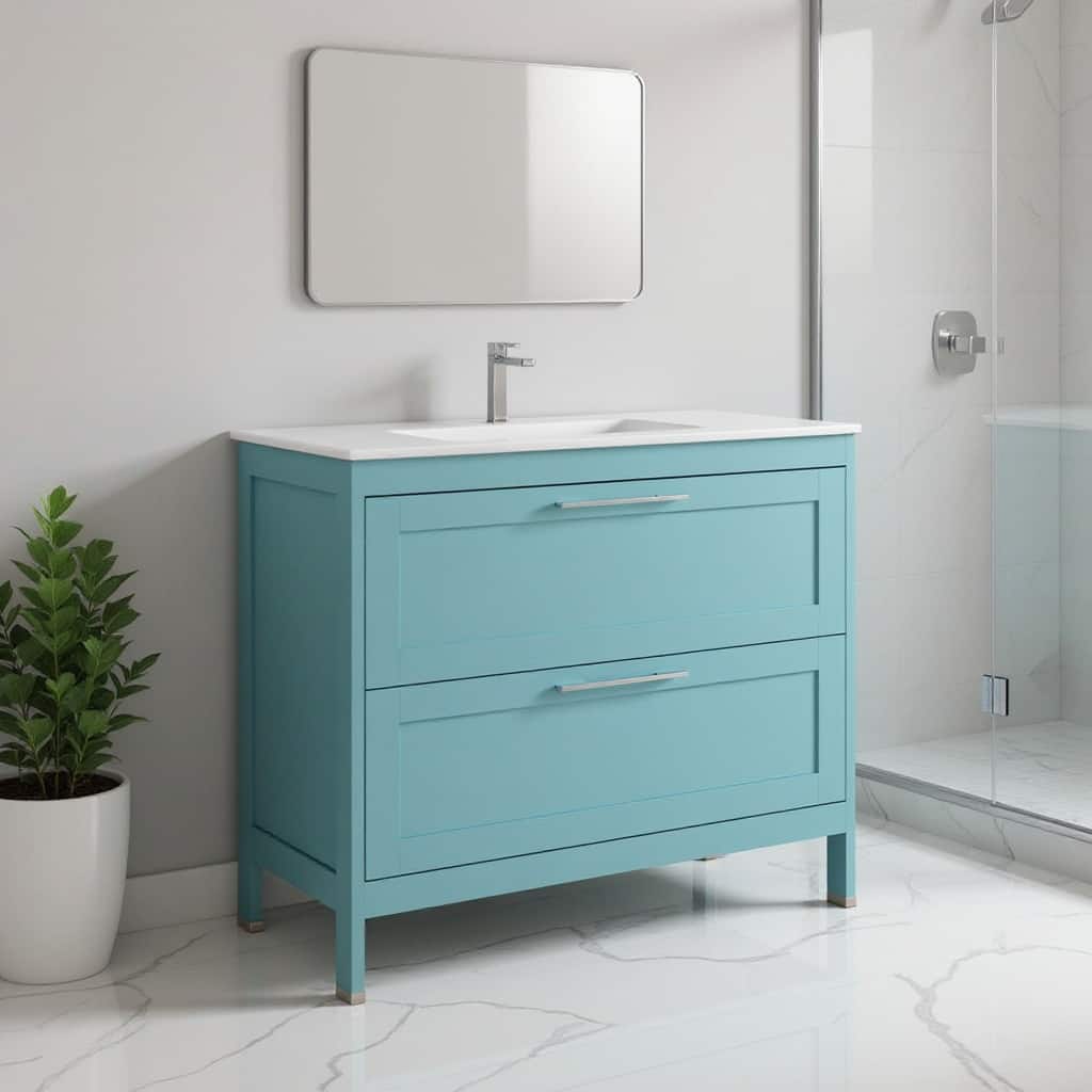 HomeRoots 40" Blue Wood Freestanding Bathroom Vanity With White Sink And Two Drawers - 40.00 in. x 35.06 in. x 17.75 in.