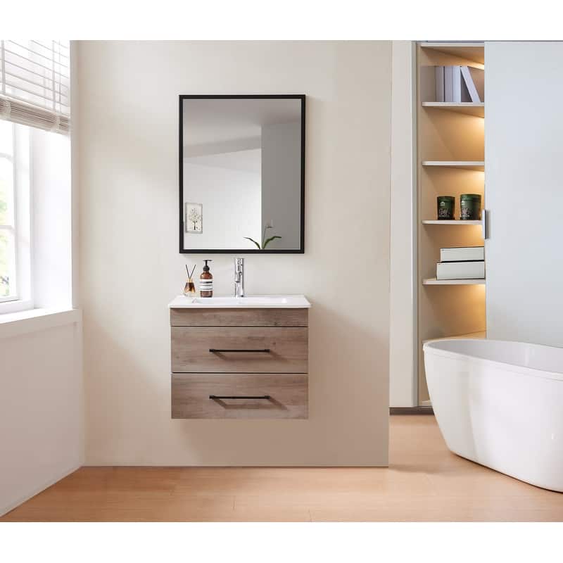 GDFStudio - 32Inch Wood Grain Wall-Mounted Bathroom Vanity with Double Drawers, Ceramic Sink, and Aluminum Frame
