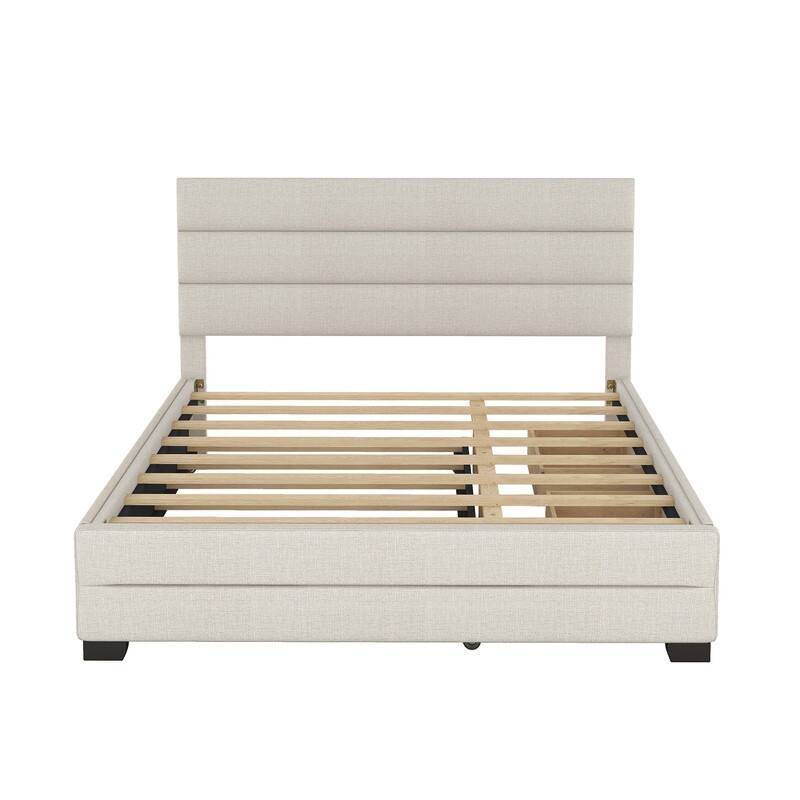 Upholstered Queen Size Platform Bed with 2 Storage Drawers and Twin Trundle Bed, Wood Queen Bed Frame with Linen Fabric