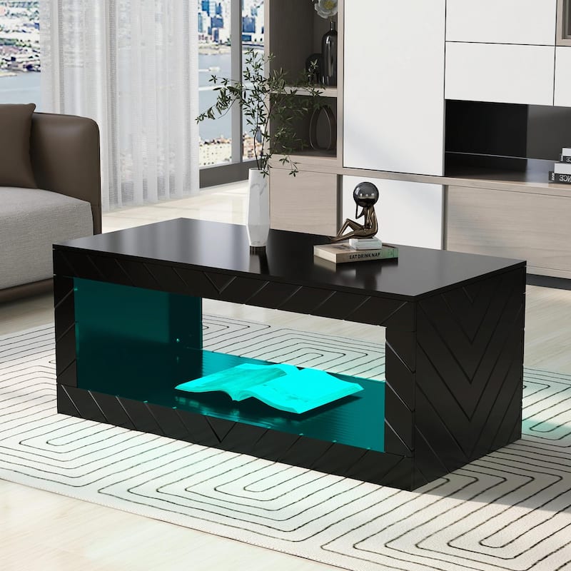 High Glossy LED Coffee Table with Colorful Lights & Storage Space