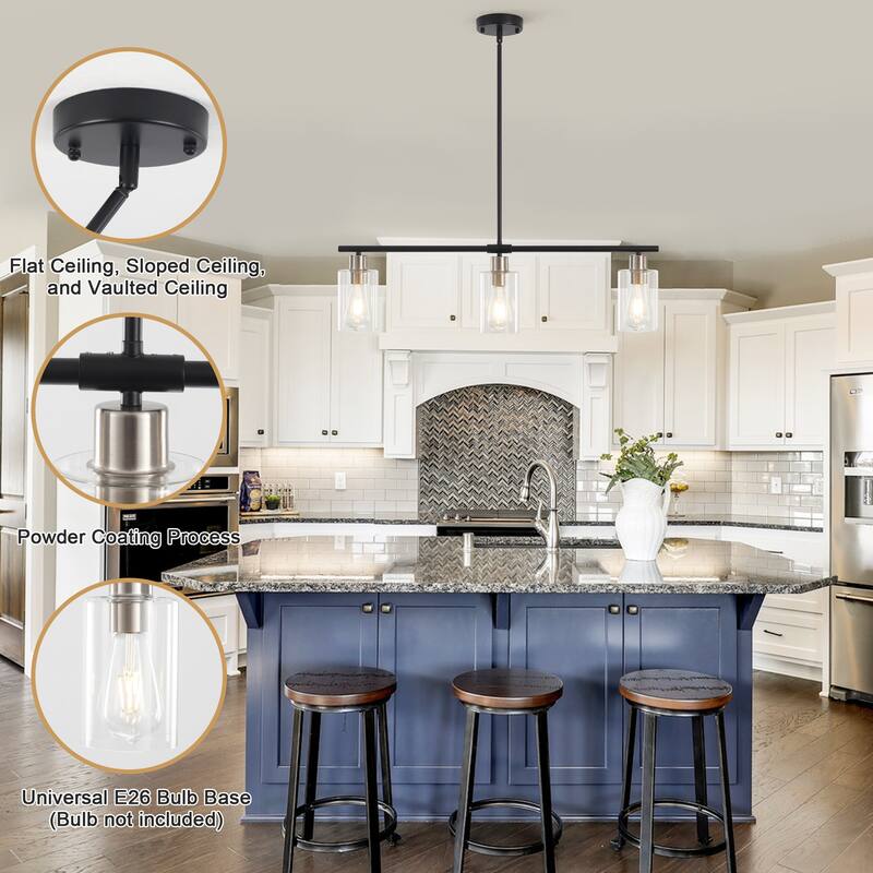 Modern Linear Ceiling Hanging Light 3-Lights Industrial Pendant Light with Adjustable Height for Living Room, Foyer - N/A