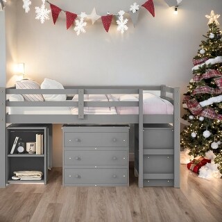 Low Study Full Loft Bed with Cabinet ,Shelves and Rolling Portable Desk ...
