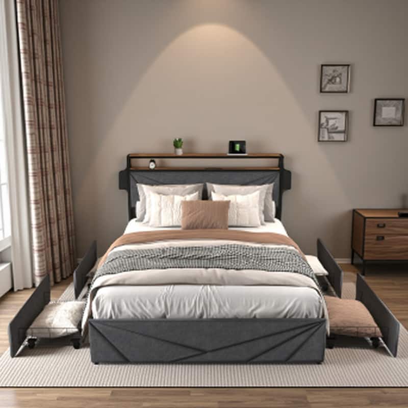 Full Size Bed Frame with Storage Headboard, Charging Station, LED Lights, 4 Drawers, No Box Spring Needed, Sturdy - Black+ Gray