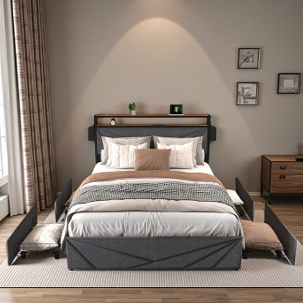 Full Size Bed Frame with Storage Headboard, Charging Station, LED Lights, 4 Drawers, No Box Spring Needed, Sturdy