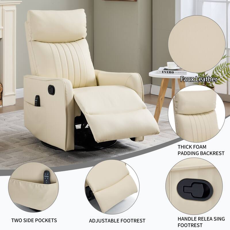 Faux Leather Recliner with Massage Heat Rocker and 360 Degree Swivel