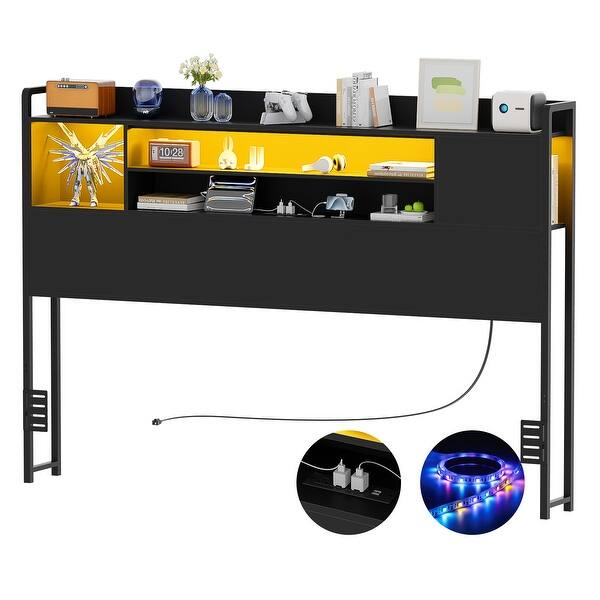 Storage Headboards with Drawers, Head board with Power Outlet and LED Light for Bed Frame