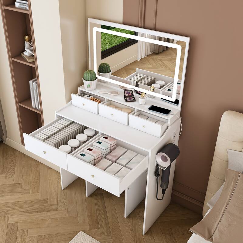 Large Mirror Vanity Desk for Bedroom, Modern Makeup Vanity with Power Outlet and Hair Dryer Holder, Dressing Table & Stool Set