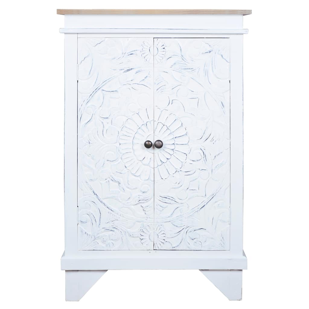 Distressed Finish Wooden Carved Accent Cabinet - 43" - White and Brown