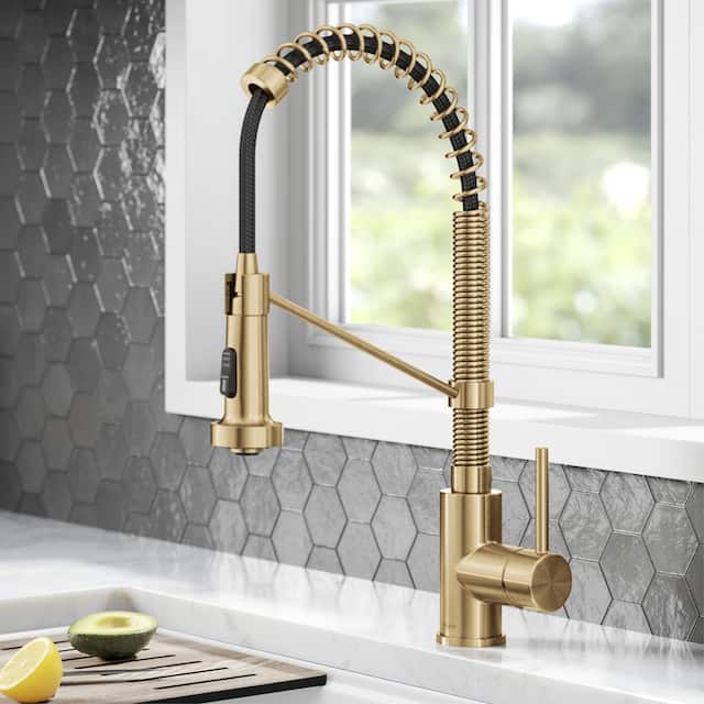 Kraus Bolden 2-Function 1-Handle Commercial Pulldown Kitchen Faucet - KPF-1610 - 18" Height - BB - Brushed Brass