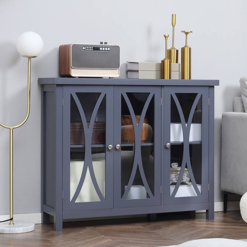 Buffet Cabinet with 3 Tempered Glass Doors, Arc Pattern and Adjustable Storage She