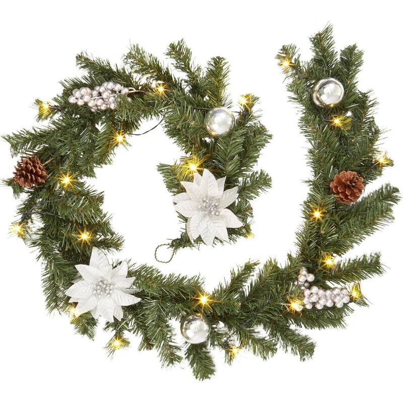 Decorated 6 Ft Pre-Lit Christmas Garland with Battery Operated LED Lights - N/A - Silver
