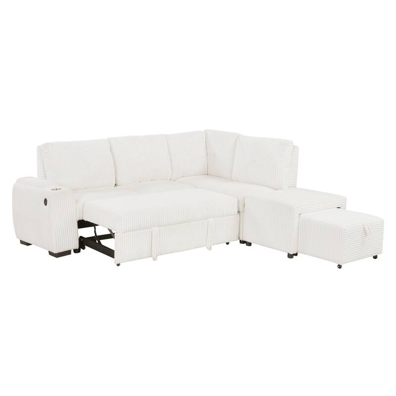 94" Corduroy Sectional Sofa Bed with Ottoman, Storage & USB Ports