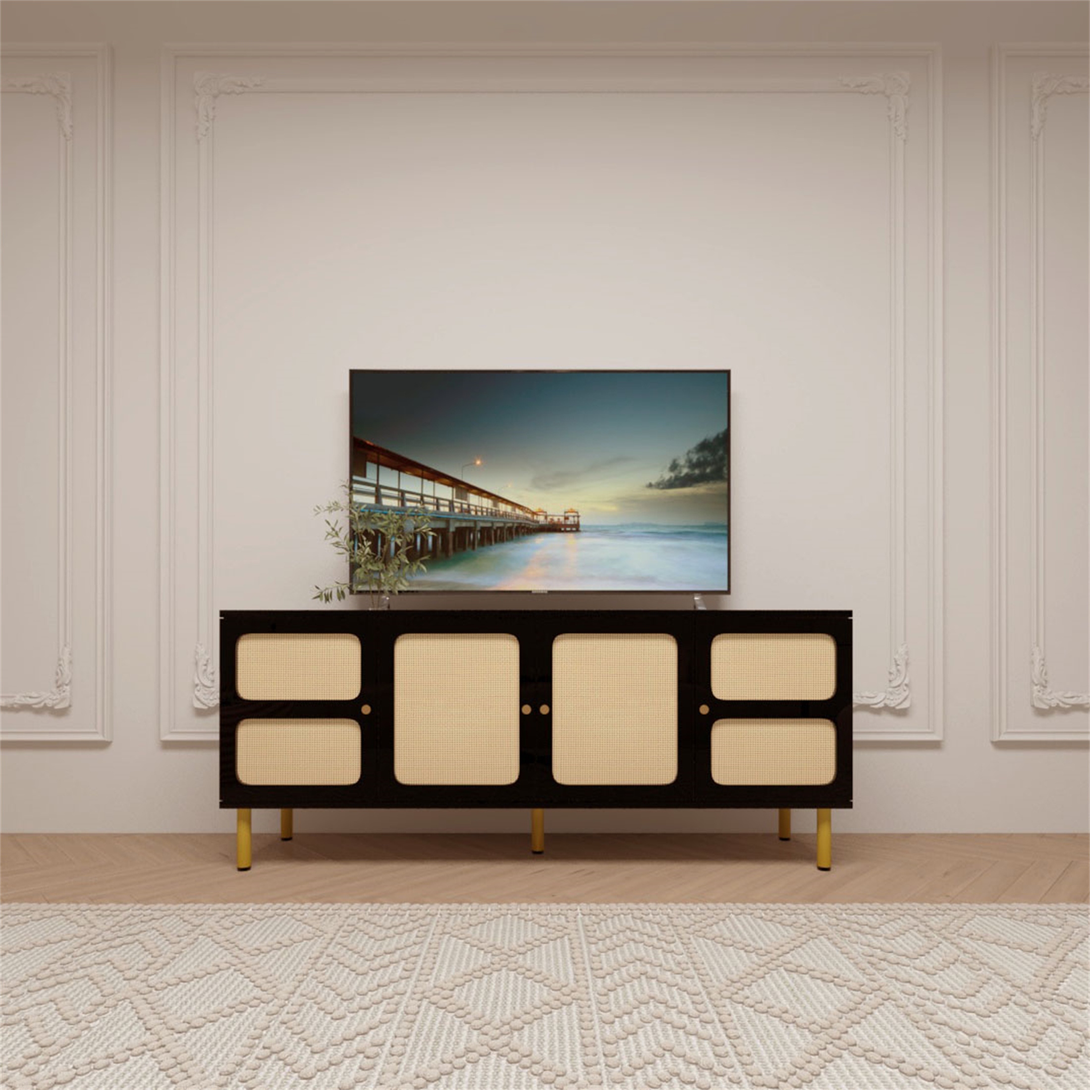 Country Style TV Stand Woven Media Console Table for TVs Up to 70