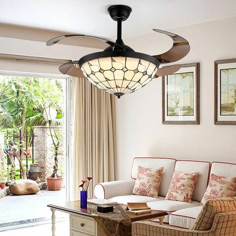 Tiffany Style LED Ceiling Fan 3 Colors W/Retractable Blades - 42in