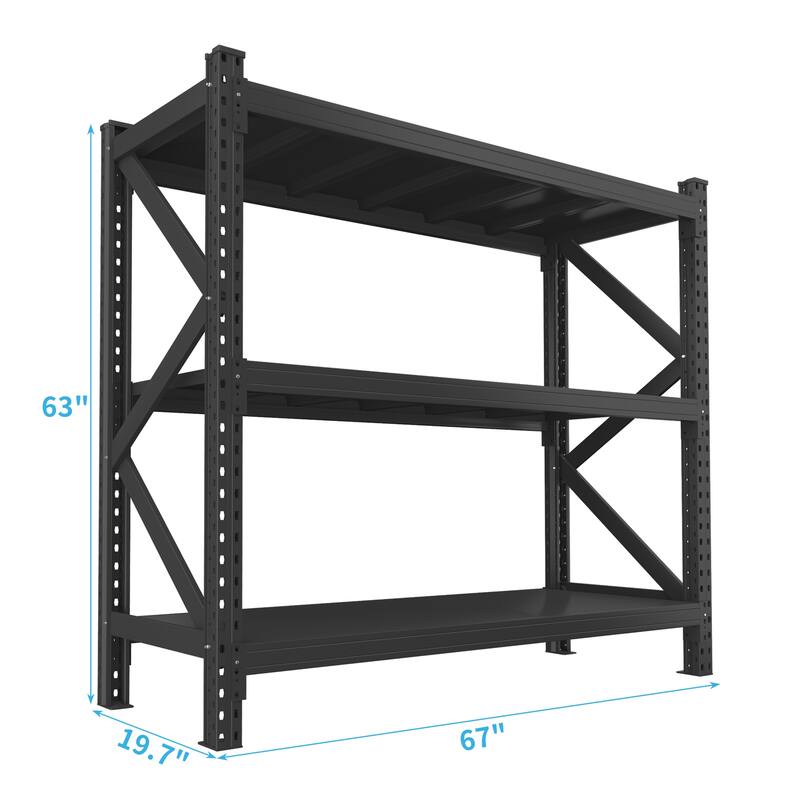 3-Tier Heavy Duty Black Metal Storage Rack with Adjustable Shelves for Commercial Garage Use - 67”L x 19.70”W x 63”H