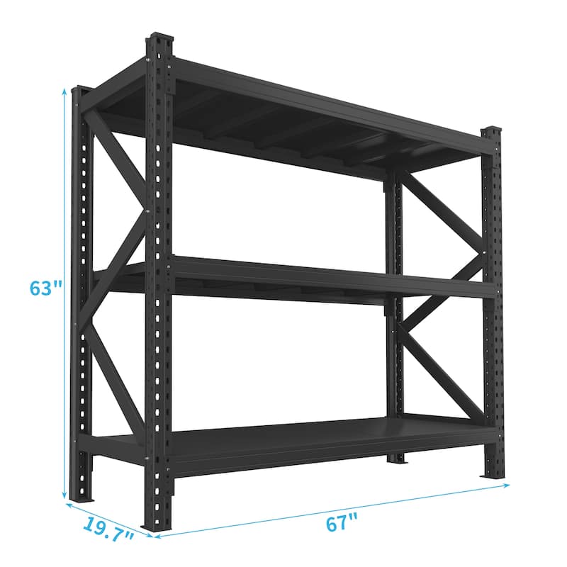 3-Tier Industrial Shelving Rack - 63in, Heavy Duty Steel Shelving Unit Adjustable, Black, Requires Assembly
