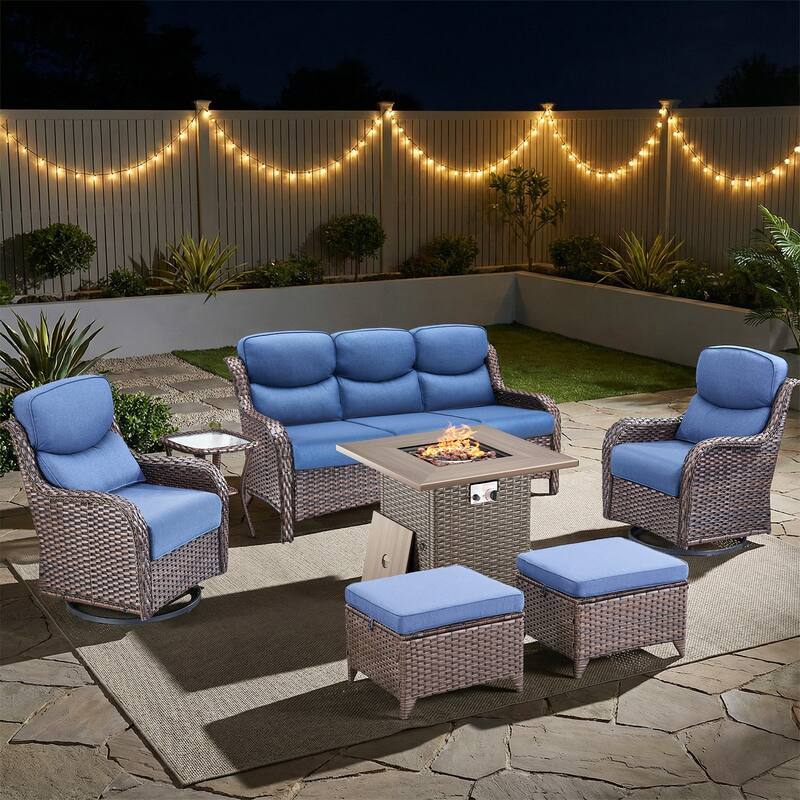 Pocassy Outdoor Propane Fire Pit Table with Sofa Swivel Chair Funiture Set. - Brown Wicker Blue Cushion - 7-Piece Sofa Swivel Chair Ottoman w/ Fie Table